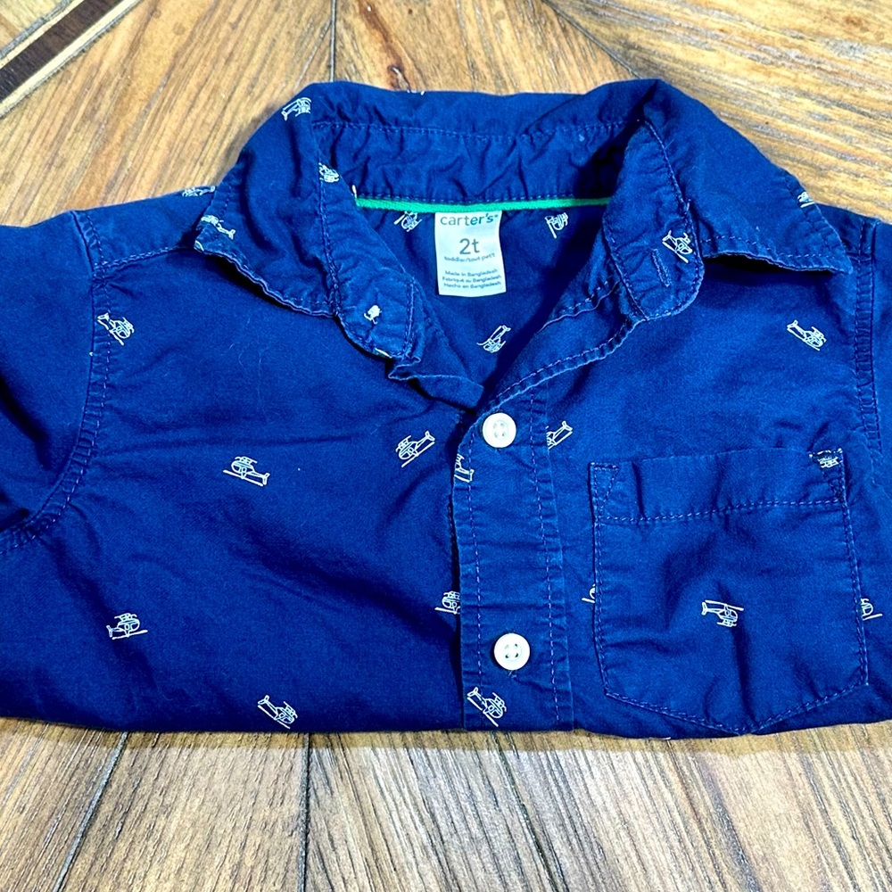 EUC Carter’s Toddler Boys Button Down Navy Helicopter Long Sleeve Shirt—Size 2T